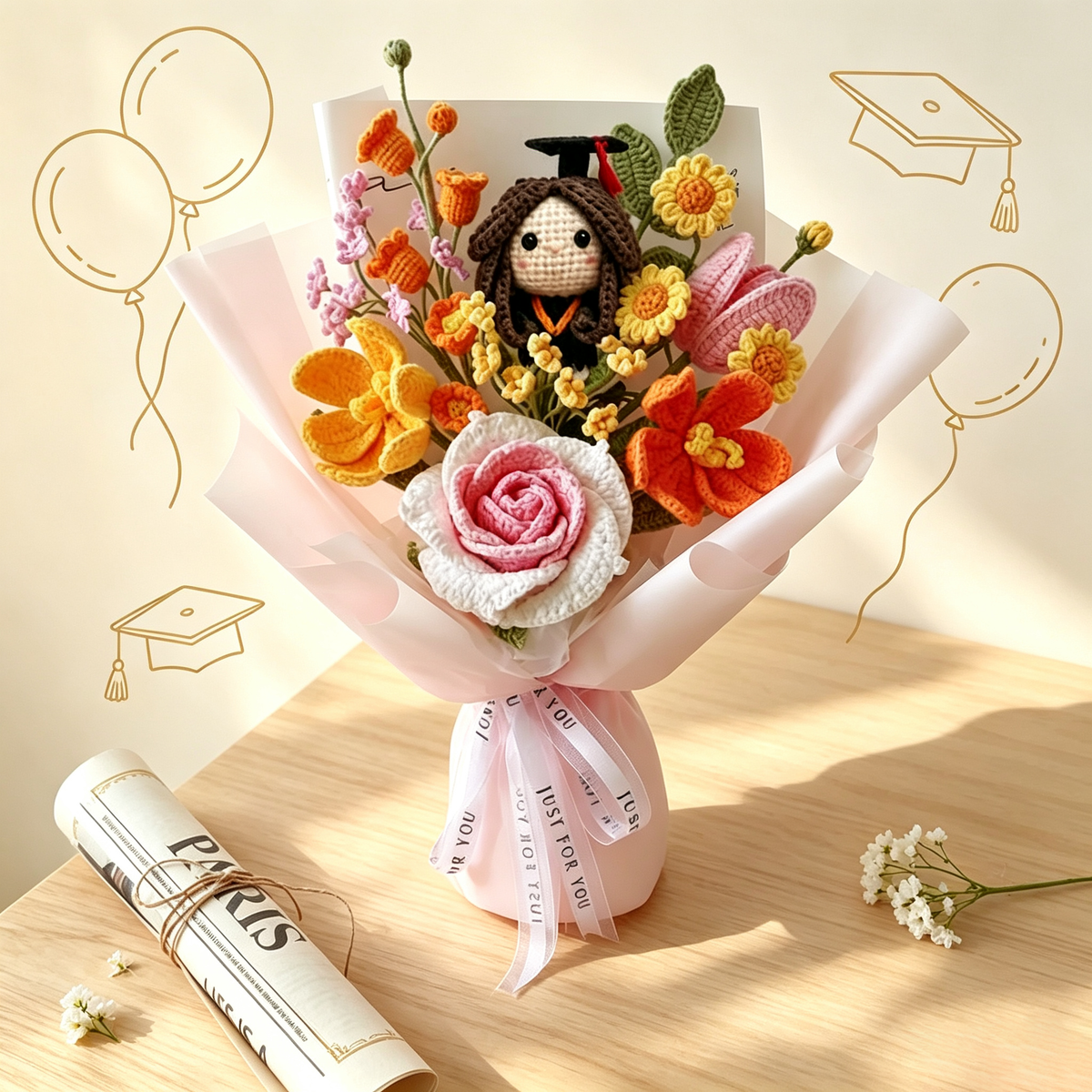 Handmade Crochet Graduation Bouquet with Graduate Doll | Personalized Graduation Gift