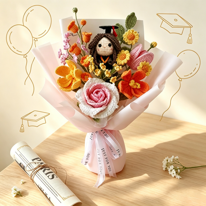 Handmade Crochet Graduation Bouquet with Graduate Doll | Personalized Graduation Gift