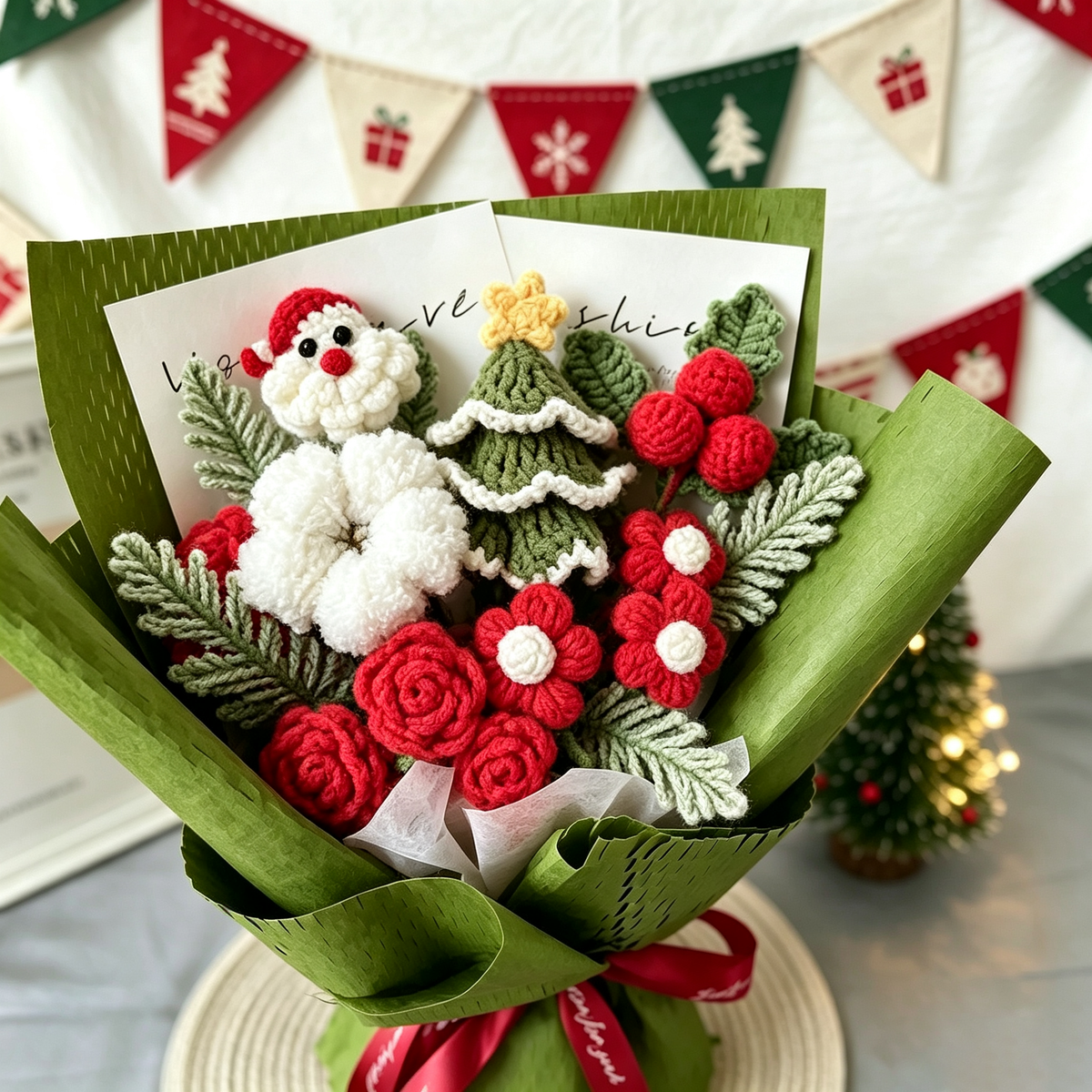 Handmade Christmas Crochet Bouquet – Holiday Flower Gift with Santa, Roses & Cotton Flowers