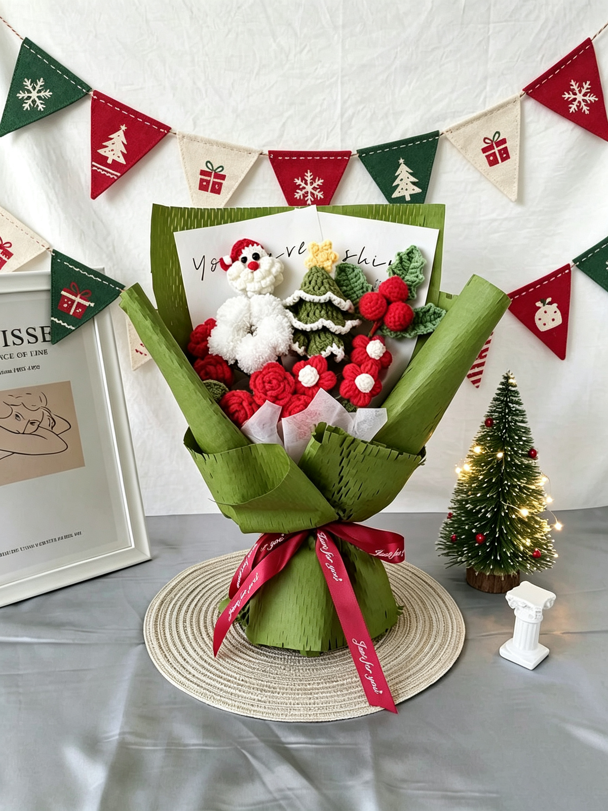 Handmade Christmas Crochet Bouquet – Holiday Flower Gift with Santa, Roses & Cotton Flowers