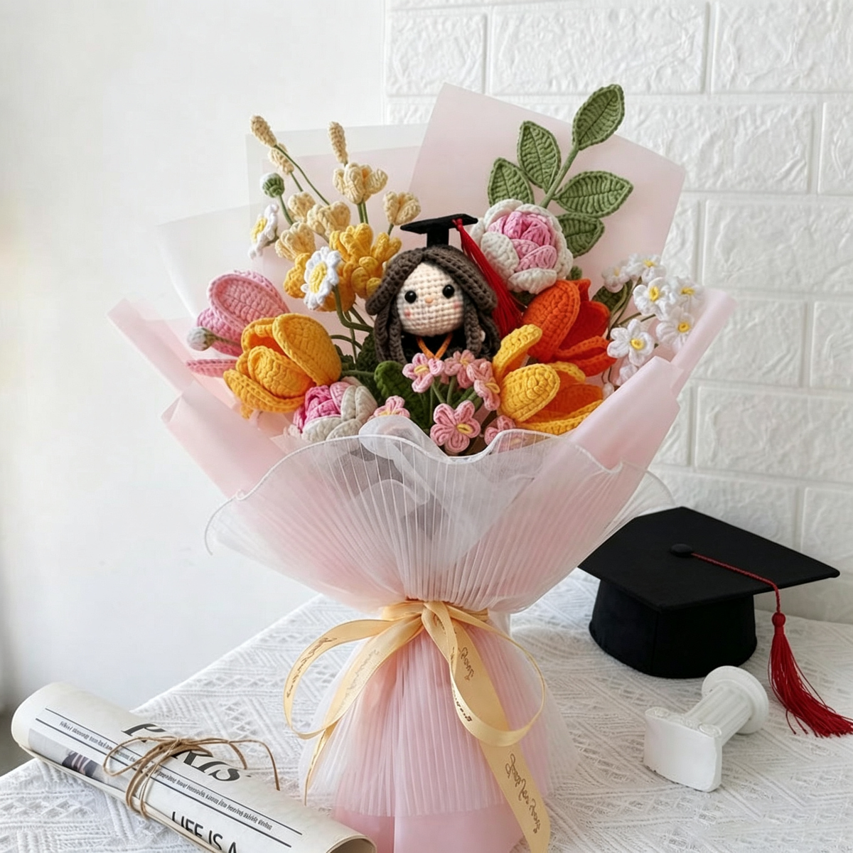 Handmade Crochet Graduation Bouquet with Graduate Doll | Personalized Graduation Gift