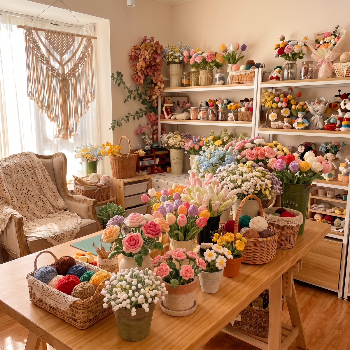 PixelPineCorner handmade crochet studio filled with crochet flowers