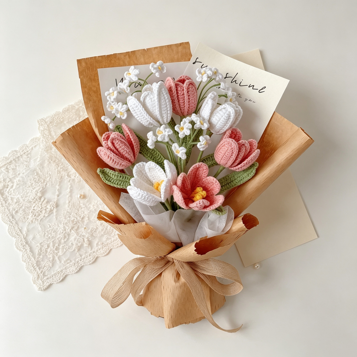 Handmade crochet flower bouquet with pink tulips, white daisies and lily of the valley