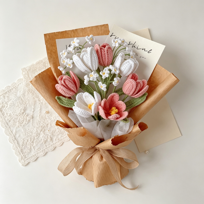 Pink White Tulip Bouquet with Forget-Me-Not