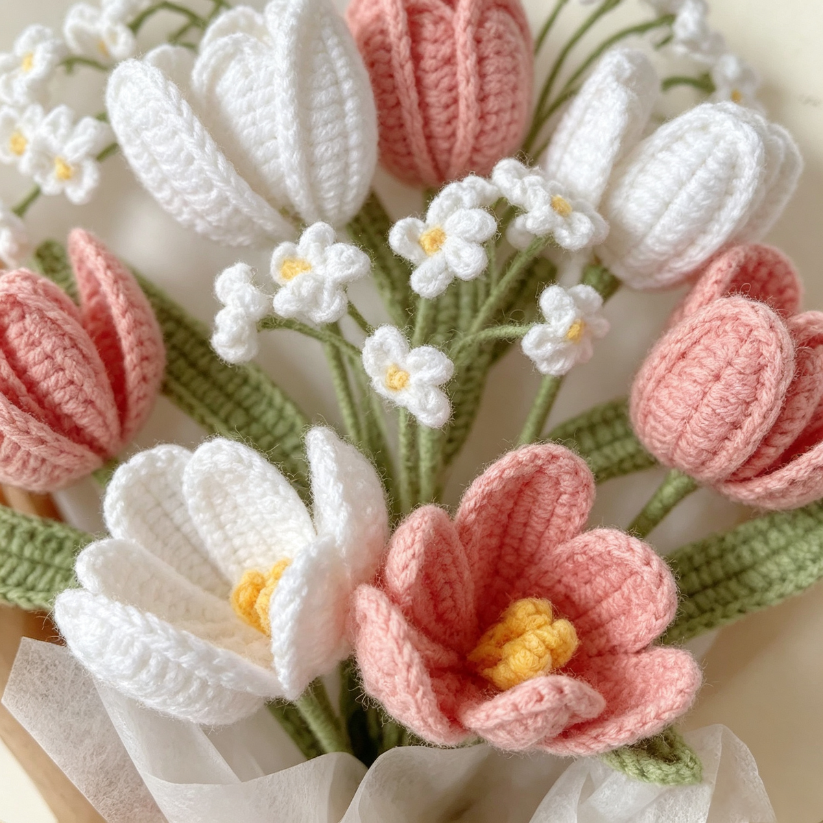 Close-up of a handmade crochet flower bouquet with pink and white tulips and small white flowers