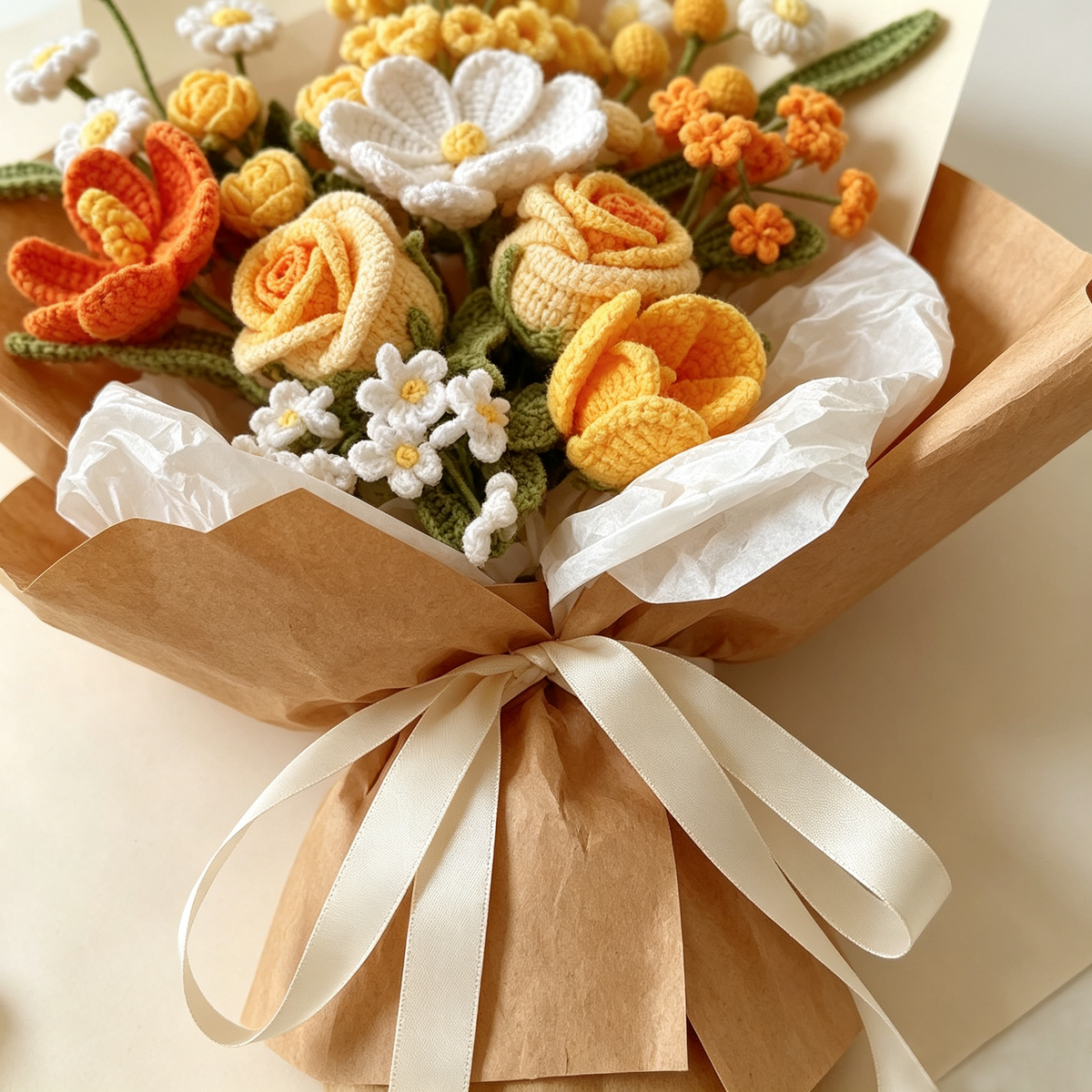 Golden Sunshine Dream – Yellow & Orange Crochet Flower Bouquet