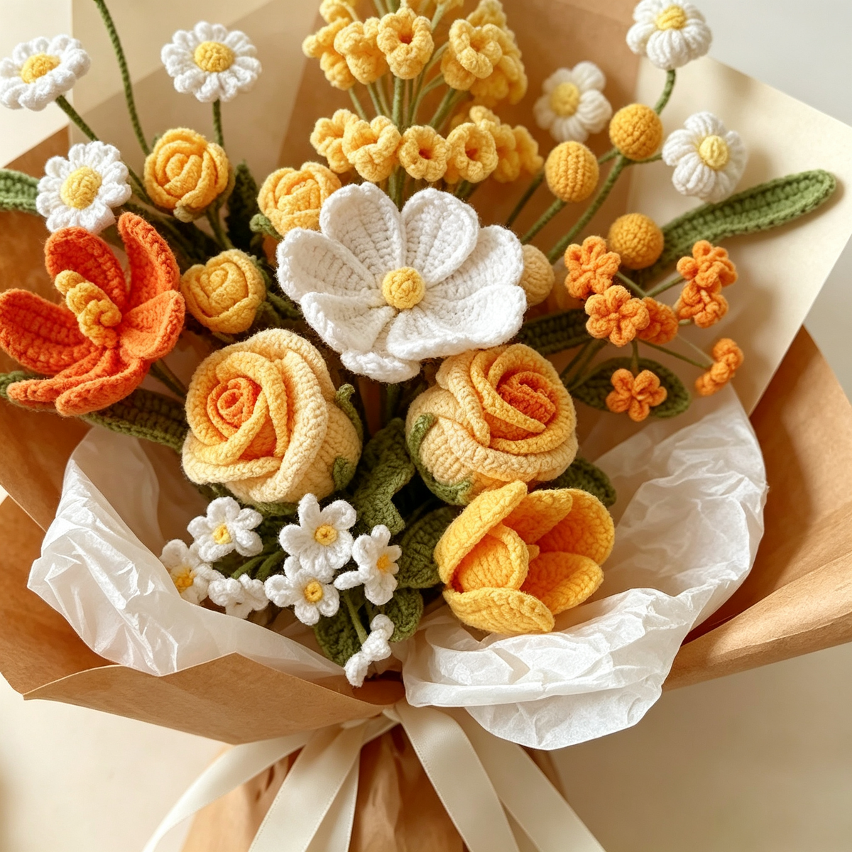 Golden Sunshine Dream – Yellow & Orange Crochet Flower Bouquet